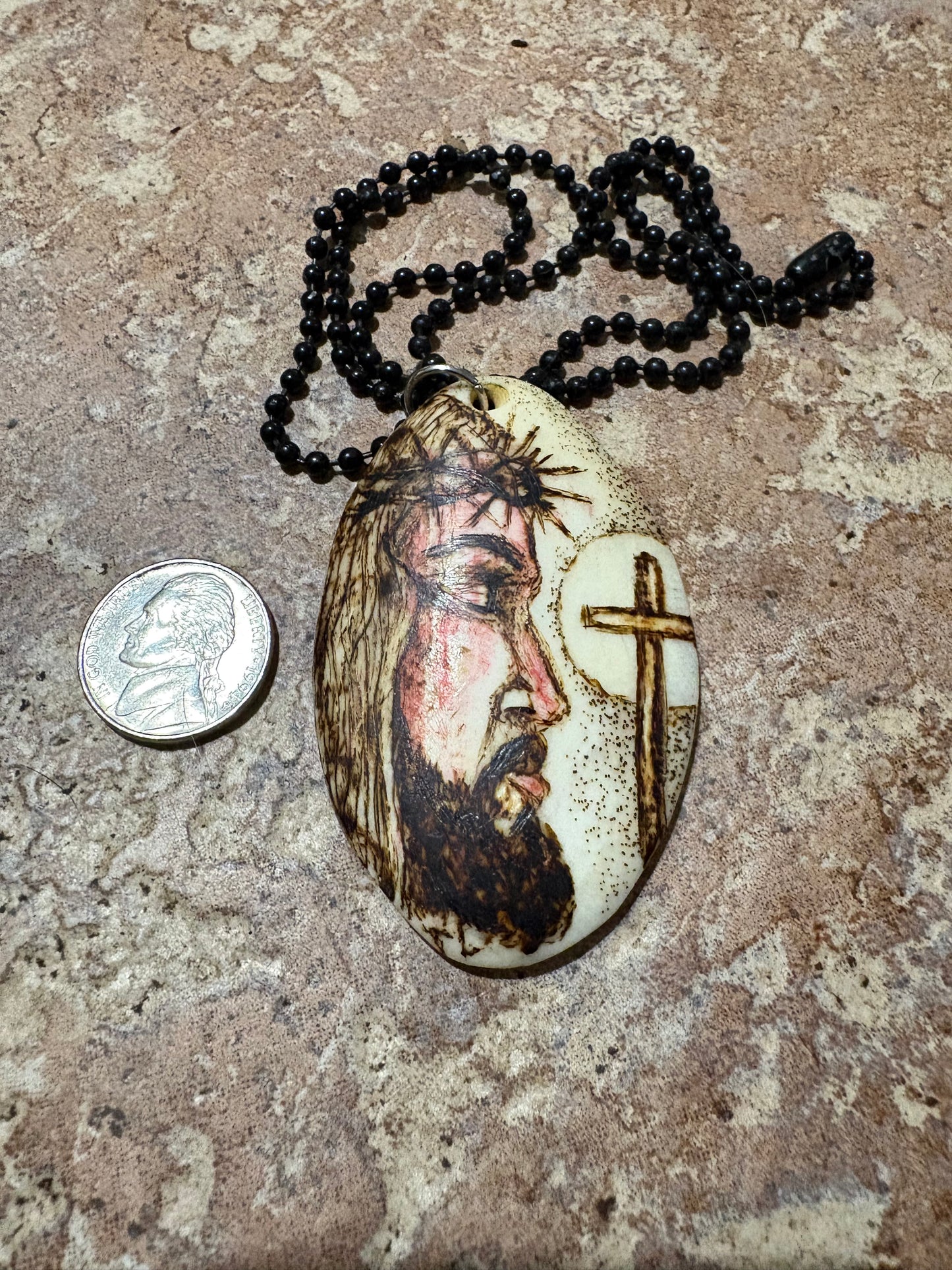 Hand Carved Jesus Face & Single Crucifix Bone Pendant