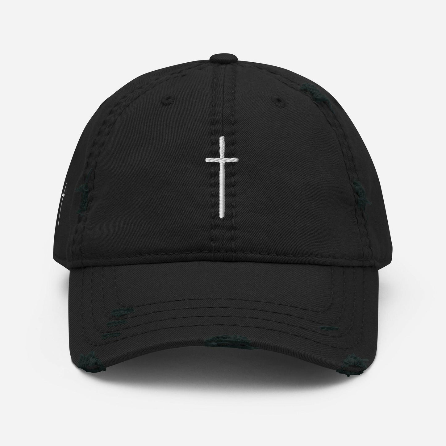 Embroidered Thin Crucifix Distressed Hat.