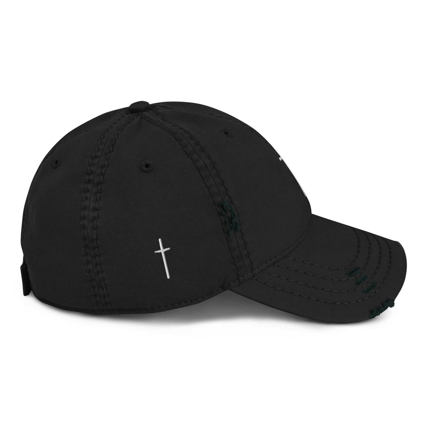 Embroidered Thin Crucifix Distressed Hat.