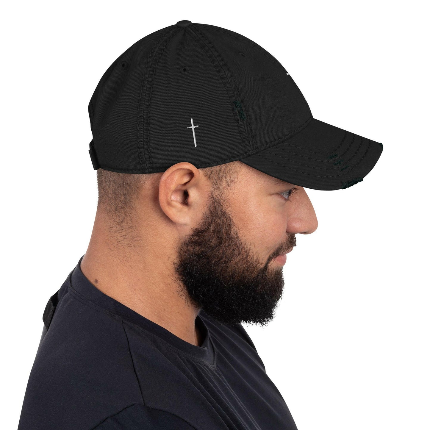 Embroidered Thin Crucifix Distressed Hat.