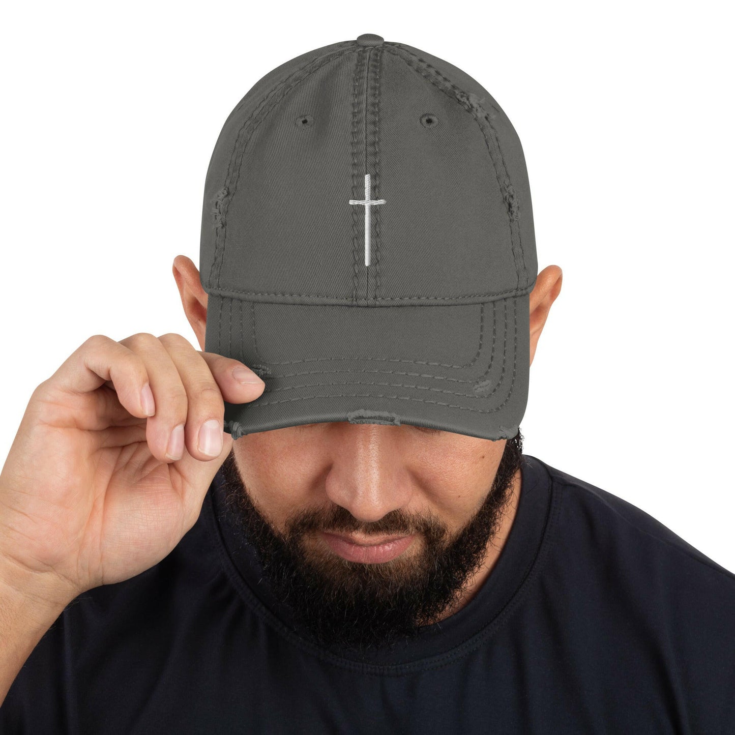 Embroidered Thin Crucifix Distressed Hat.