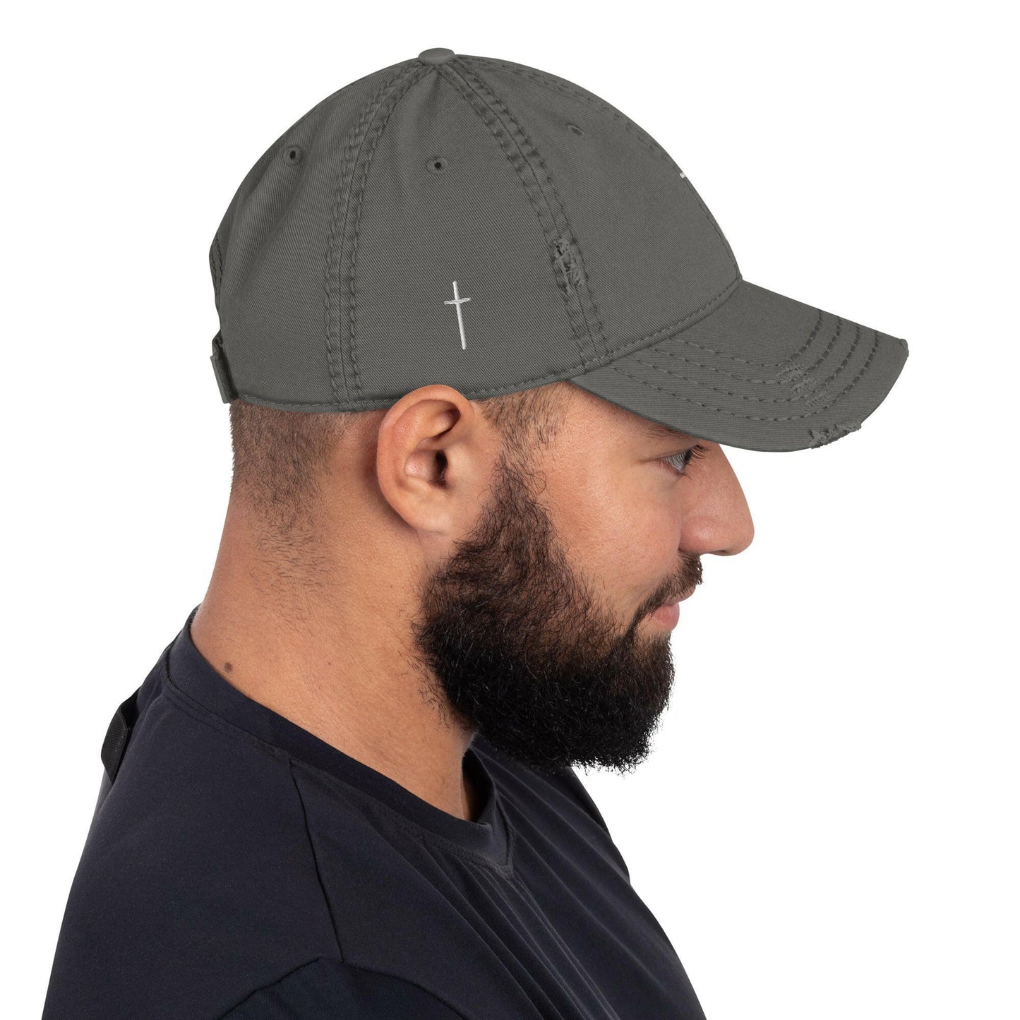Embroidered Thin Crucifix Distressed Hat.