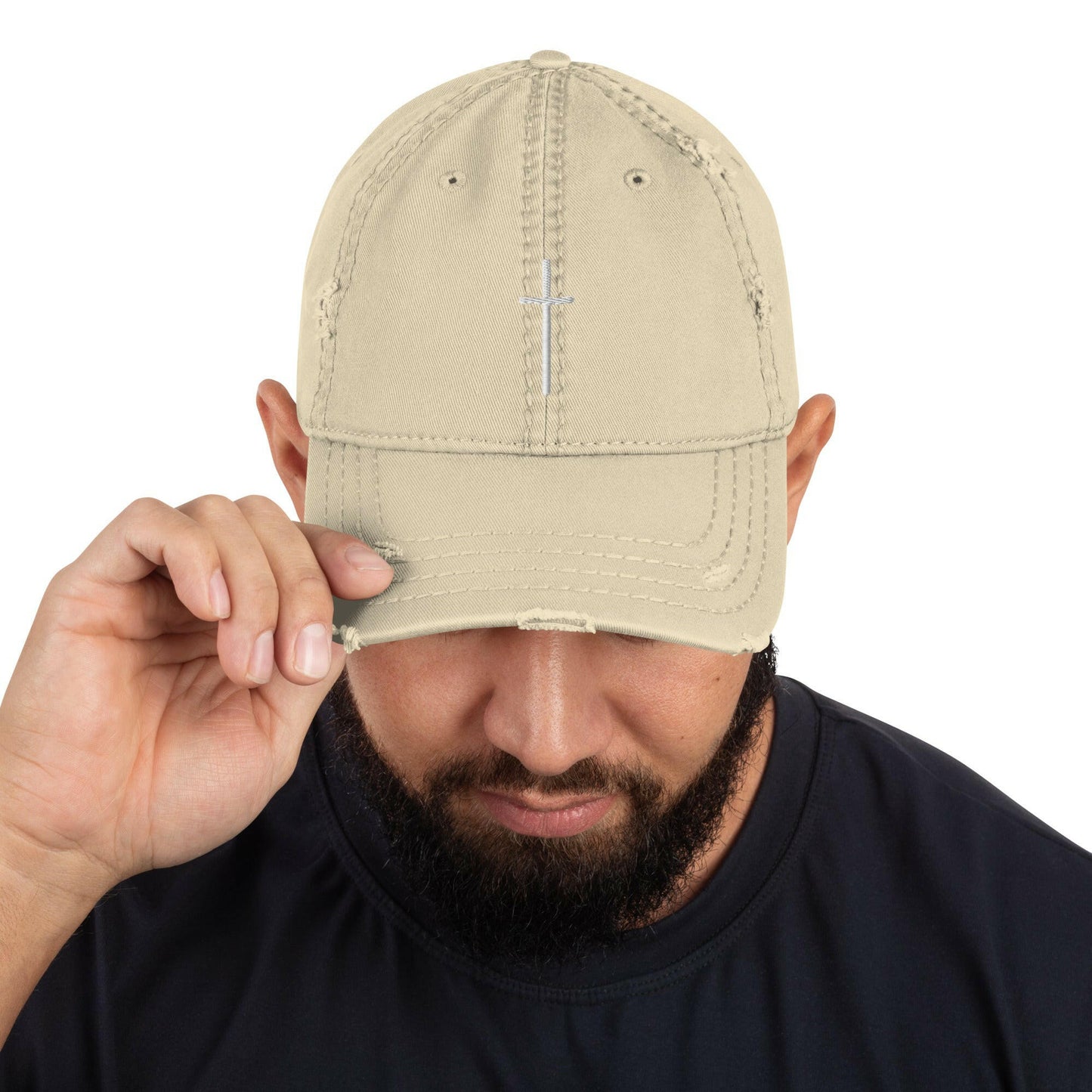 Embroidered Thin Crucifix Distressed Hat.