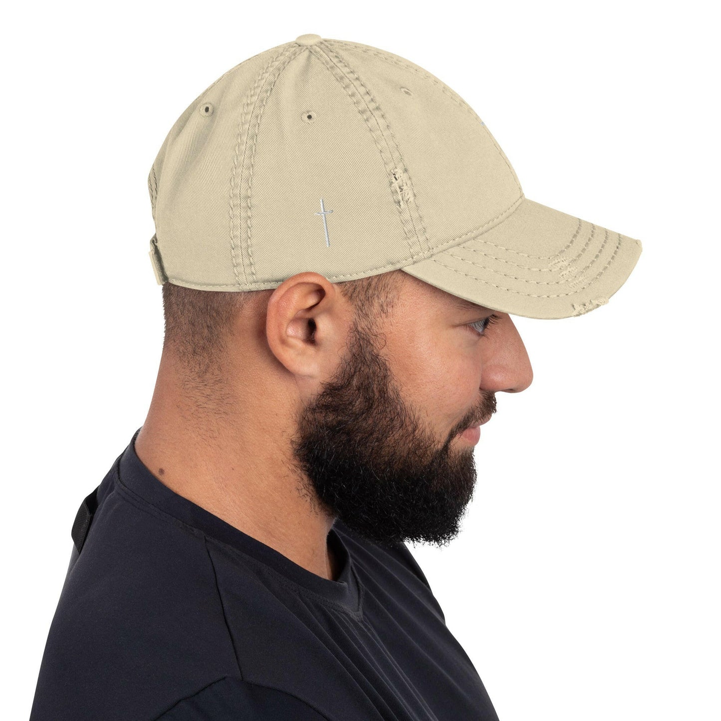 Embroidered Thin Crucifix Distressed Hat.