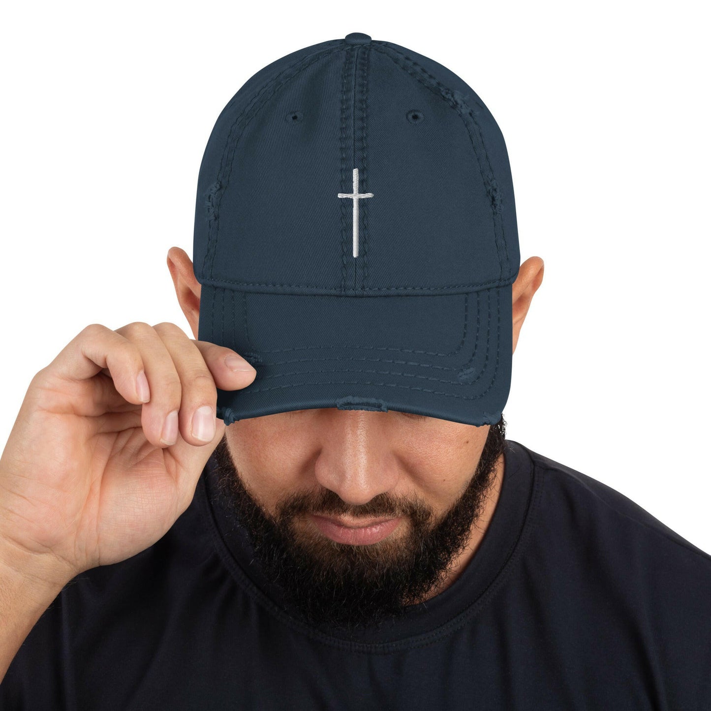 Embroidered Thin Crucifix Distressed Hat.