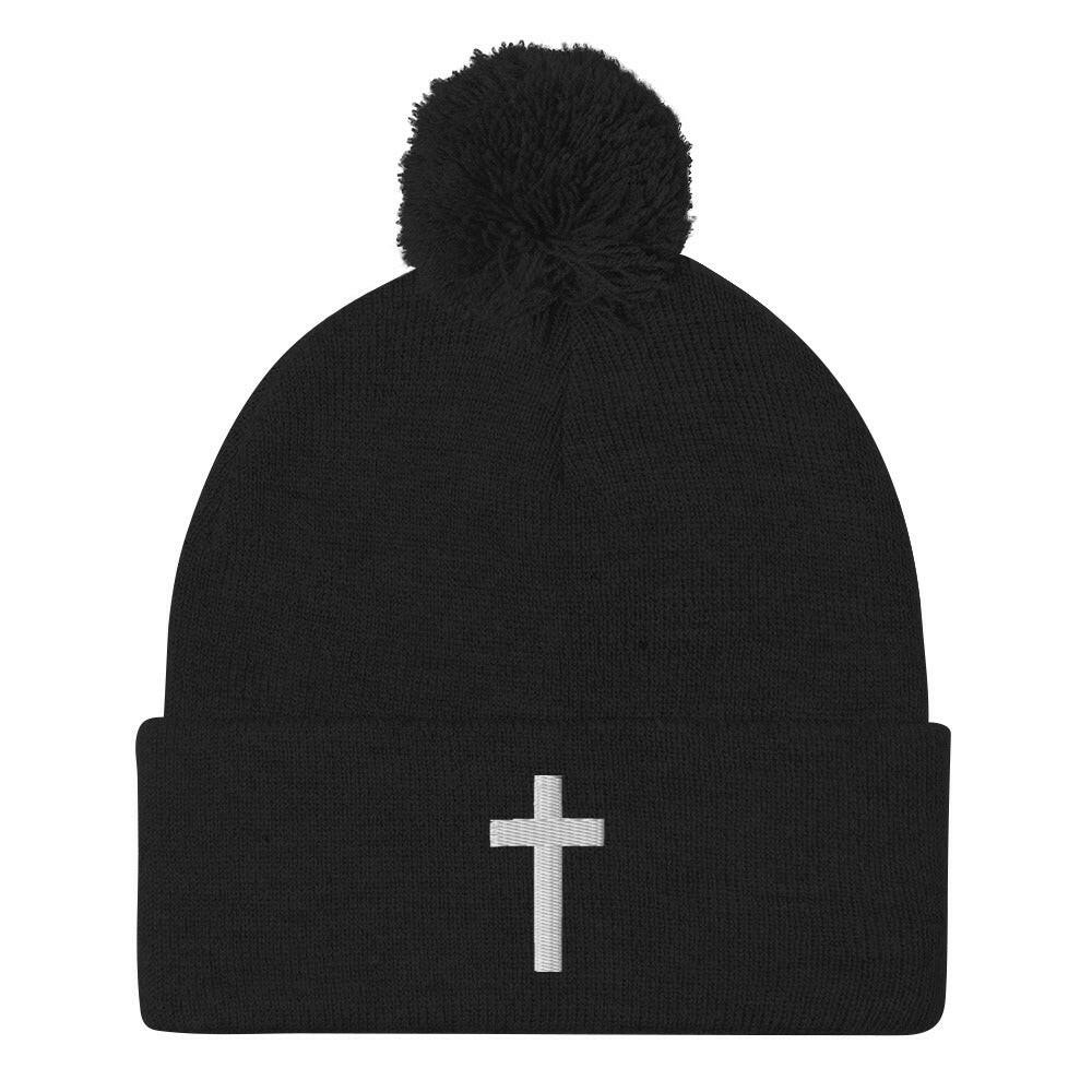 Embroidered Crucifix - Pom-Pom Beanie