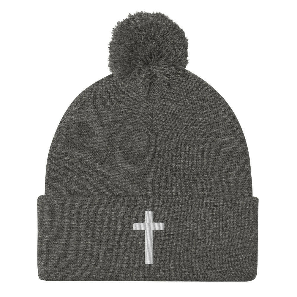 Embroidered Crucifix - Pom-Pom Beanie