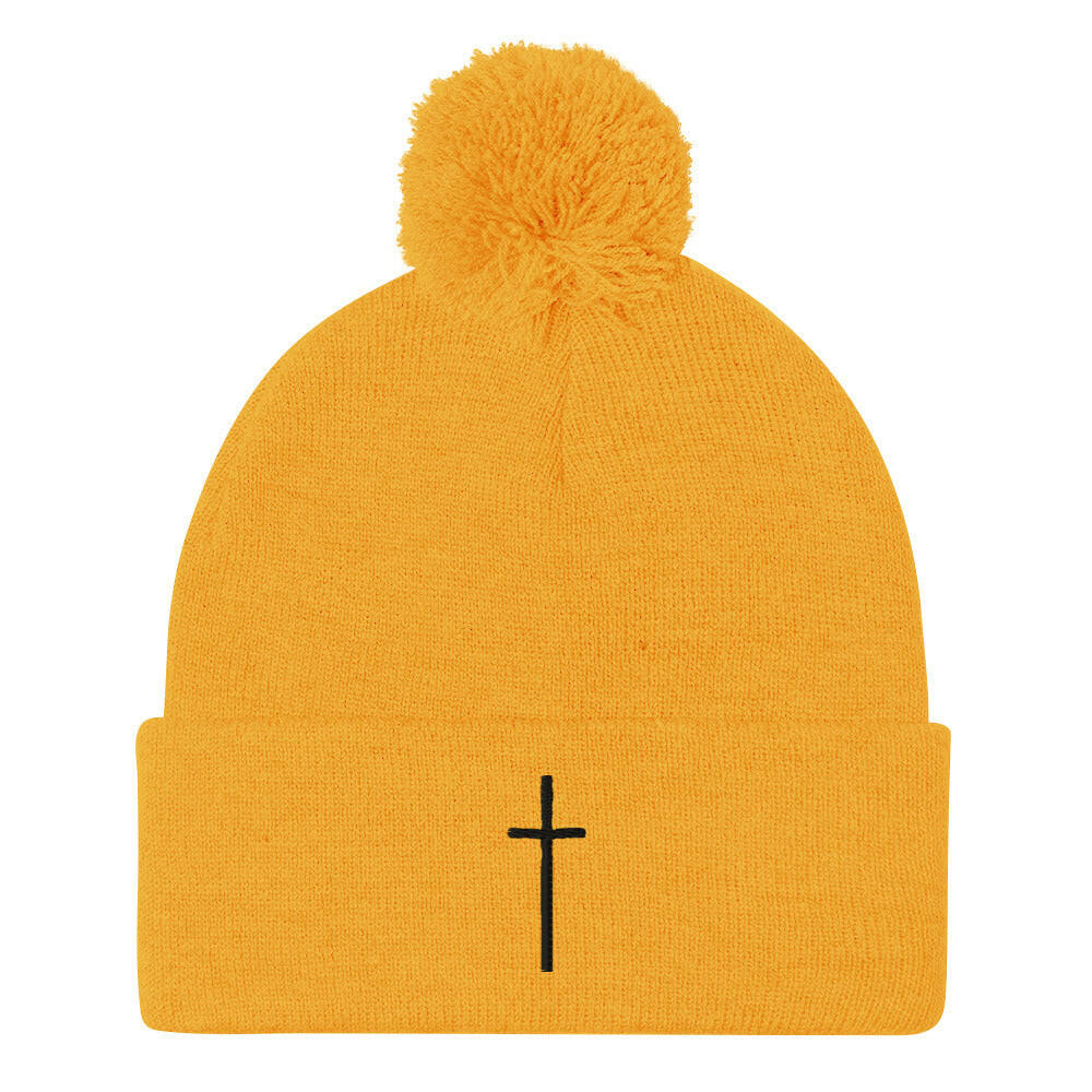 Embroidered Thin Crucifix - Pom-Pom Beanie.