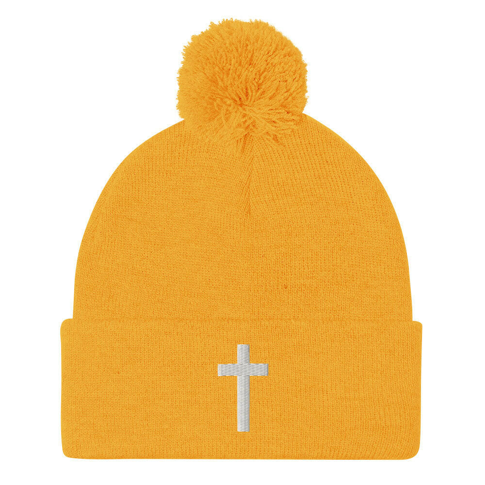 Embroidered Crucifix - Pom-Pom Beanie