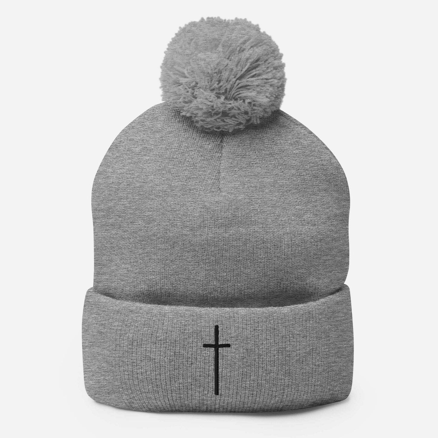 Embroidered Thin Crucifix - Pom-Pom Beanie.