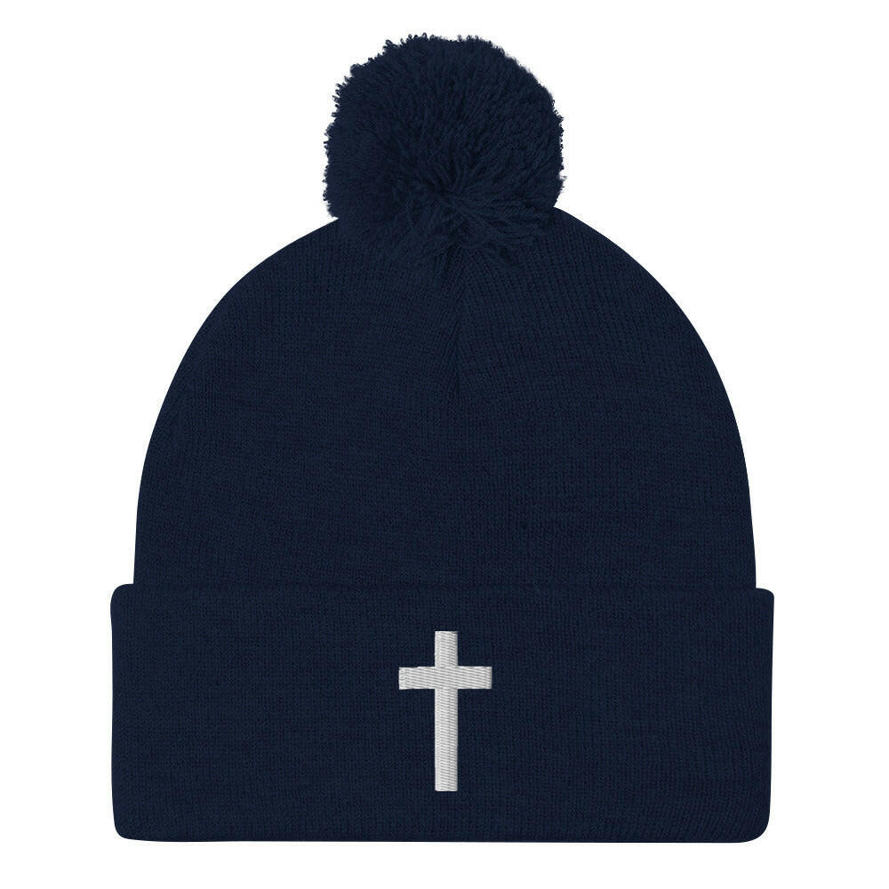 Embroidered Crucifix - Pom-Pom Beanie