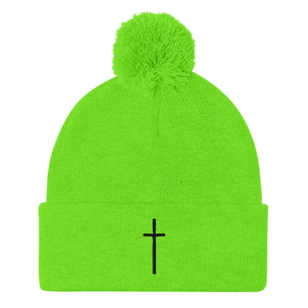Embroidered Thin Crucifix - Pom-Pom Beanie.