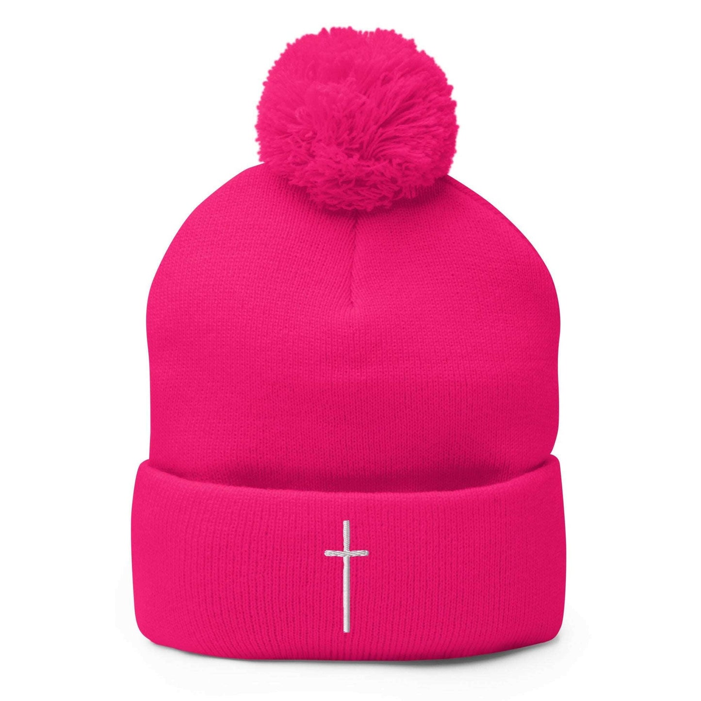 Embroidered Thin Crucifix - Pom-Pom Beanie.