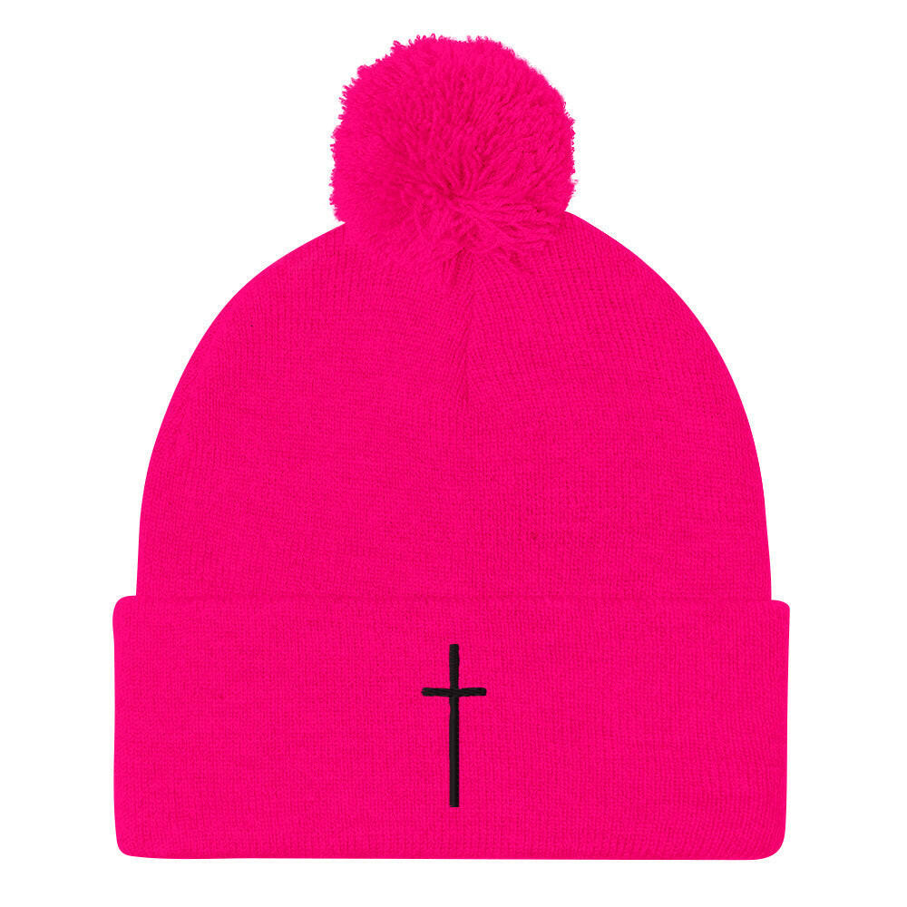 Embroidered Thin Crucifix - Pom-Pom Beanie.