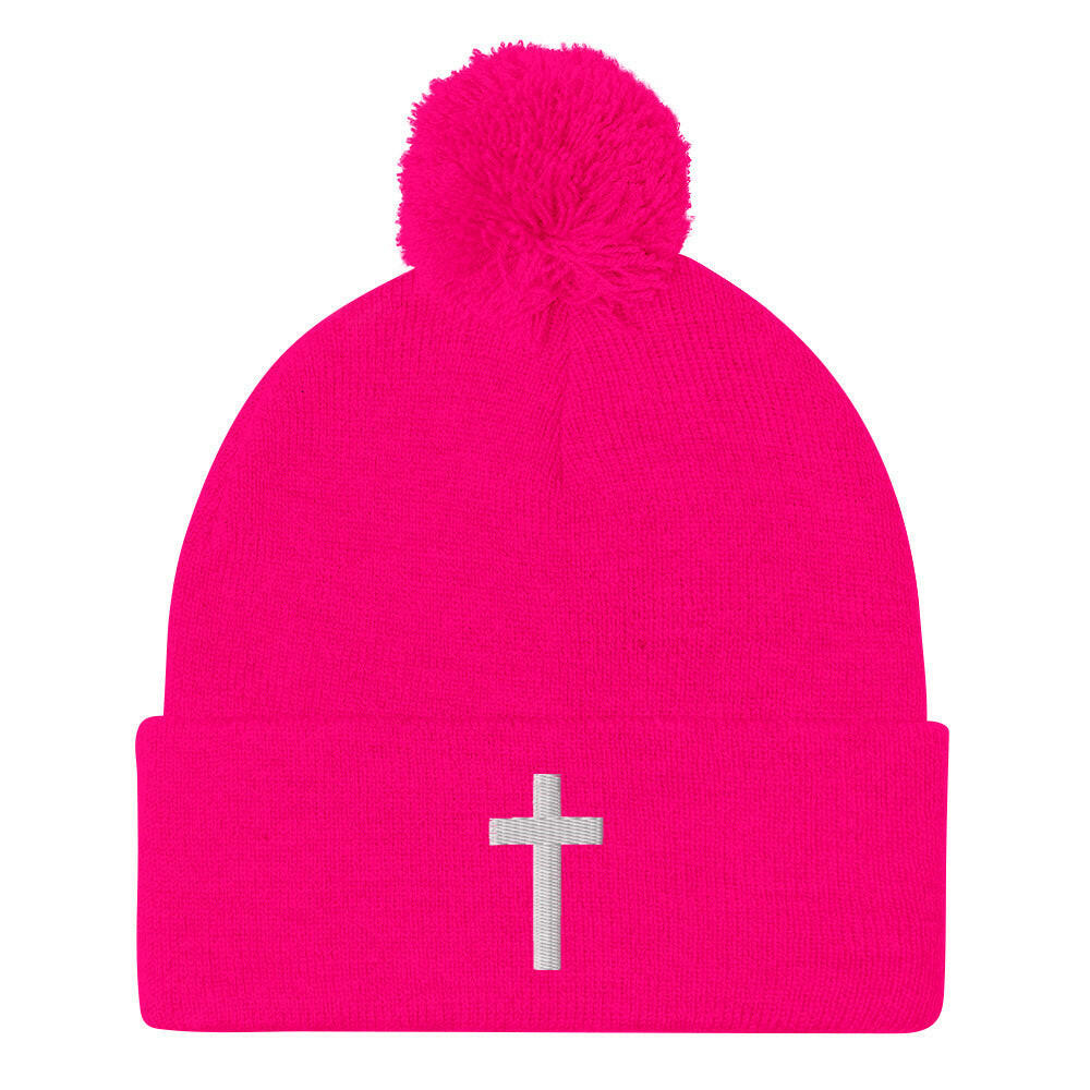 Embroidered Crucifix - Pom-Pom Beanie