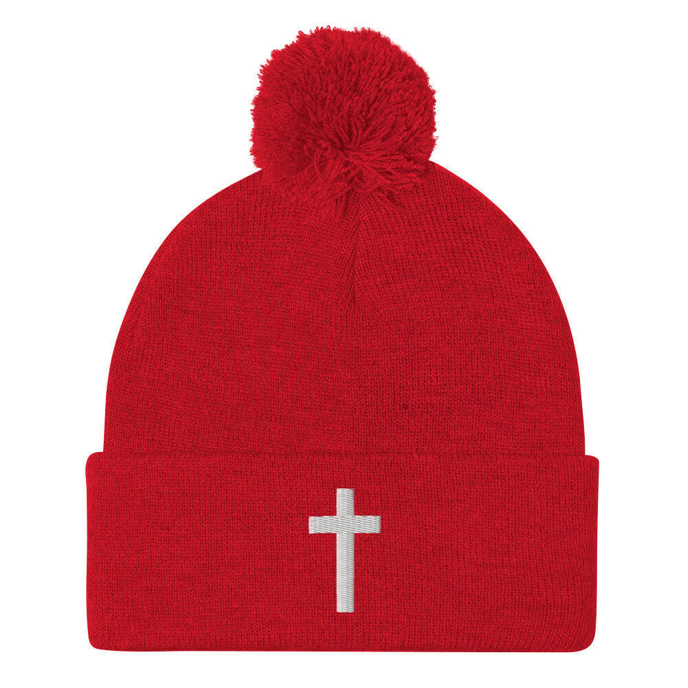 Embroidered Crucifix - Pom-Pom Beanie