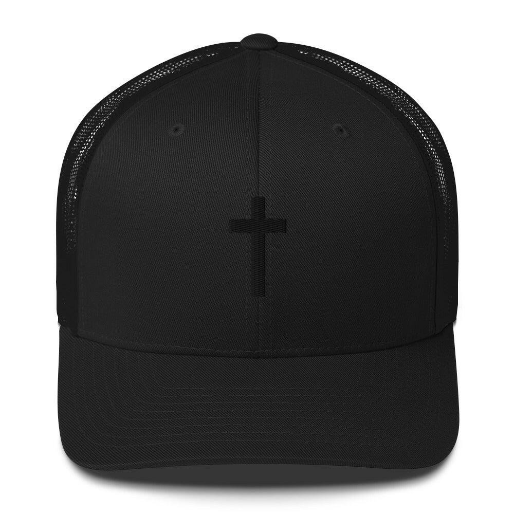 Puffy Embroidered Crucifix (blk) - Trucker Cap