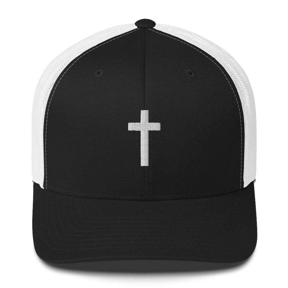 Puffy Embroidered Crucifix (wht) - Trucker Cap