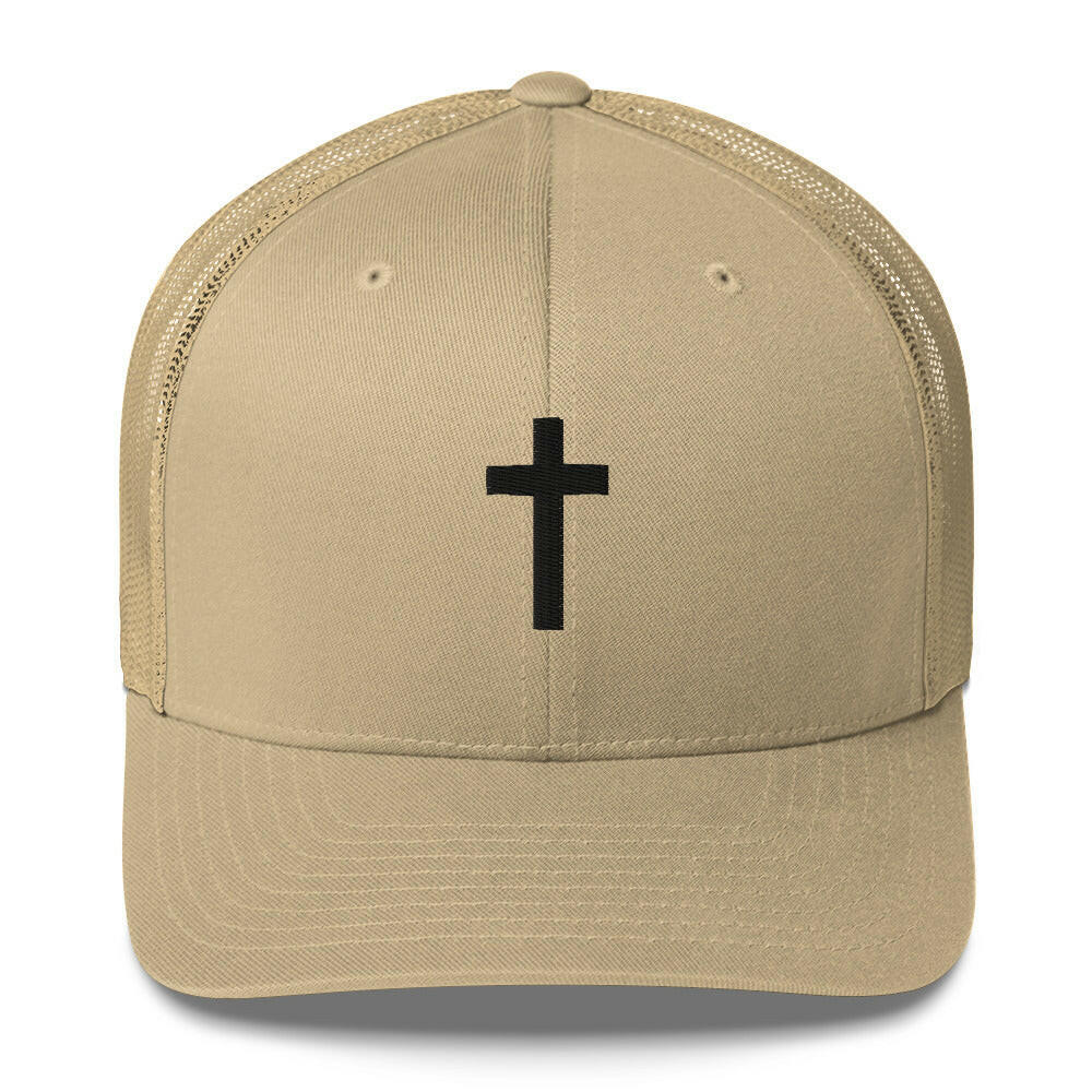 Puffy Embroidered Crucifix (blk) - Trucker Cap