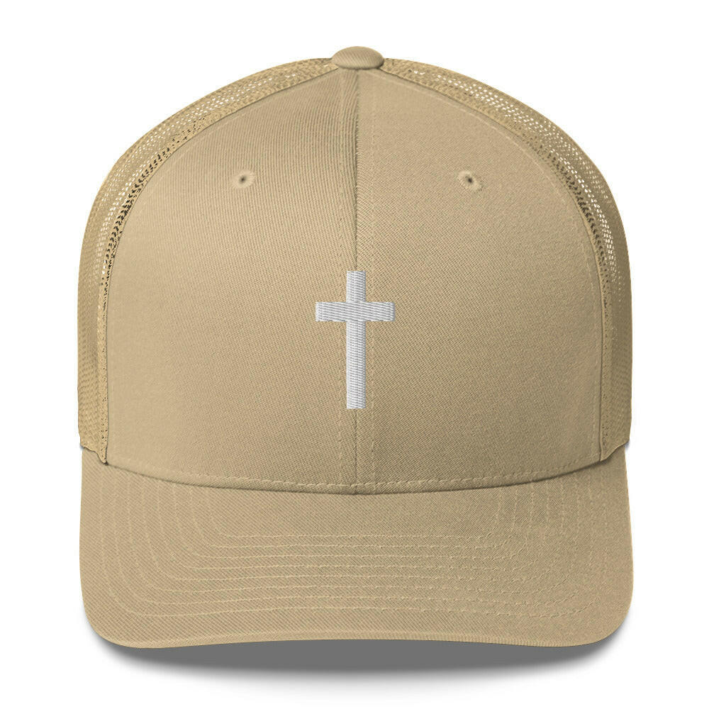 Puffy Embroidered Crucifix (wht) - Trucker Cap