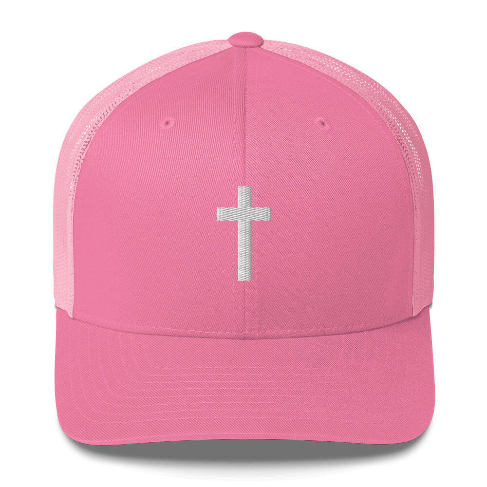 Puffy Embroidered Crucifix (wht) - Trucker Cap