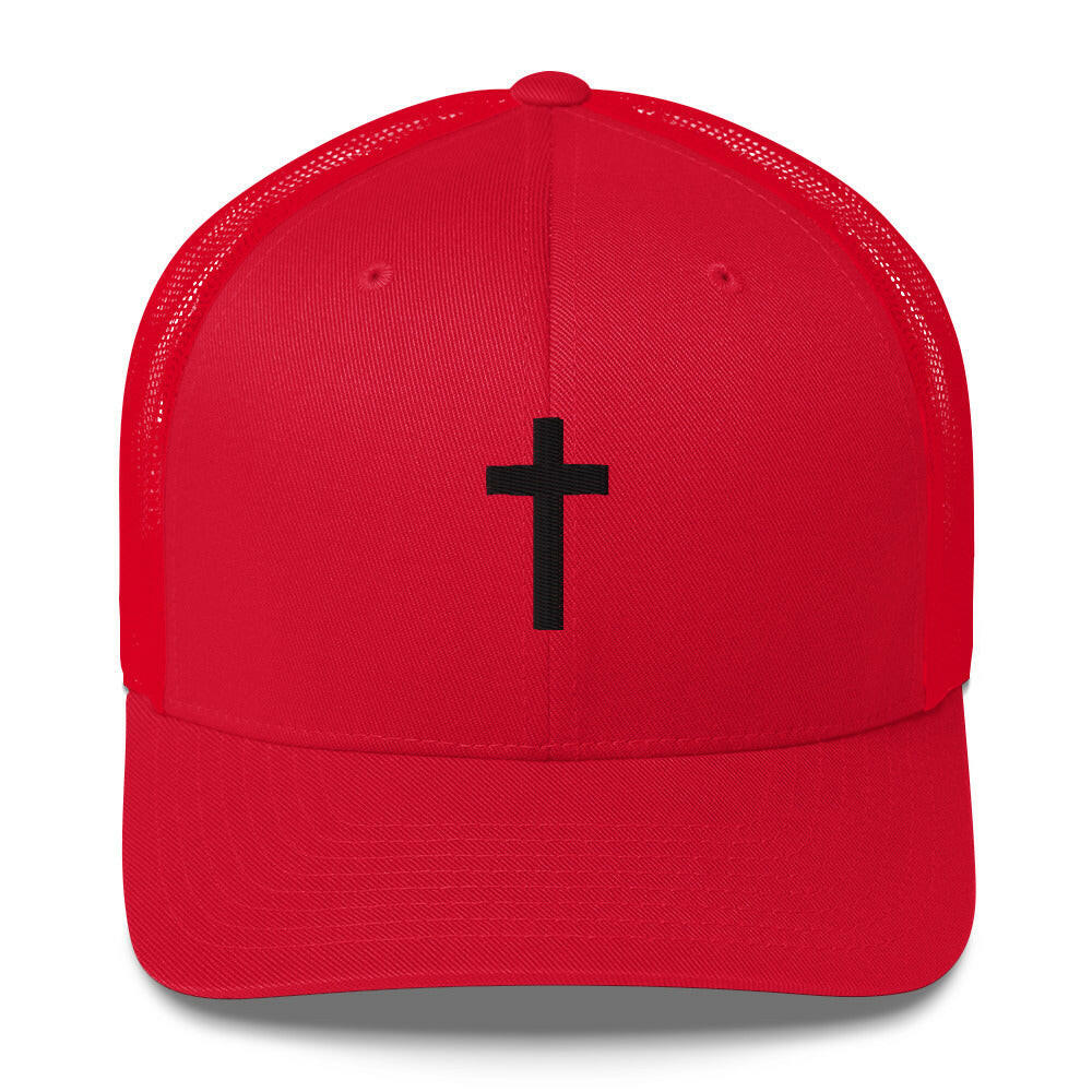 Puffy Embroidered Crucifix (blk) - Trucker Cap
