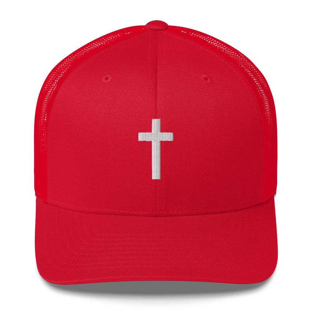 Puffy Embroidered Crucifix (wht) - Trucker Cap