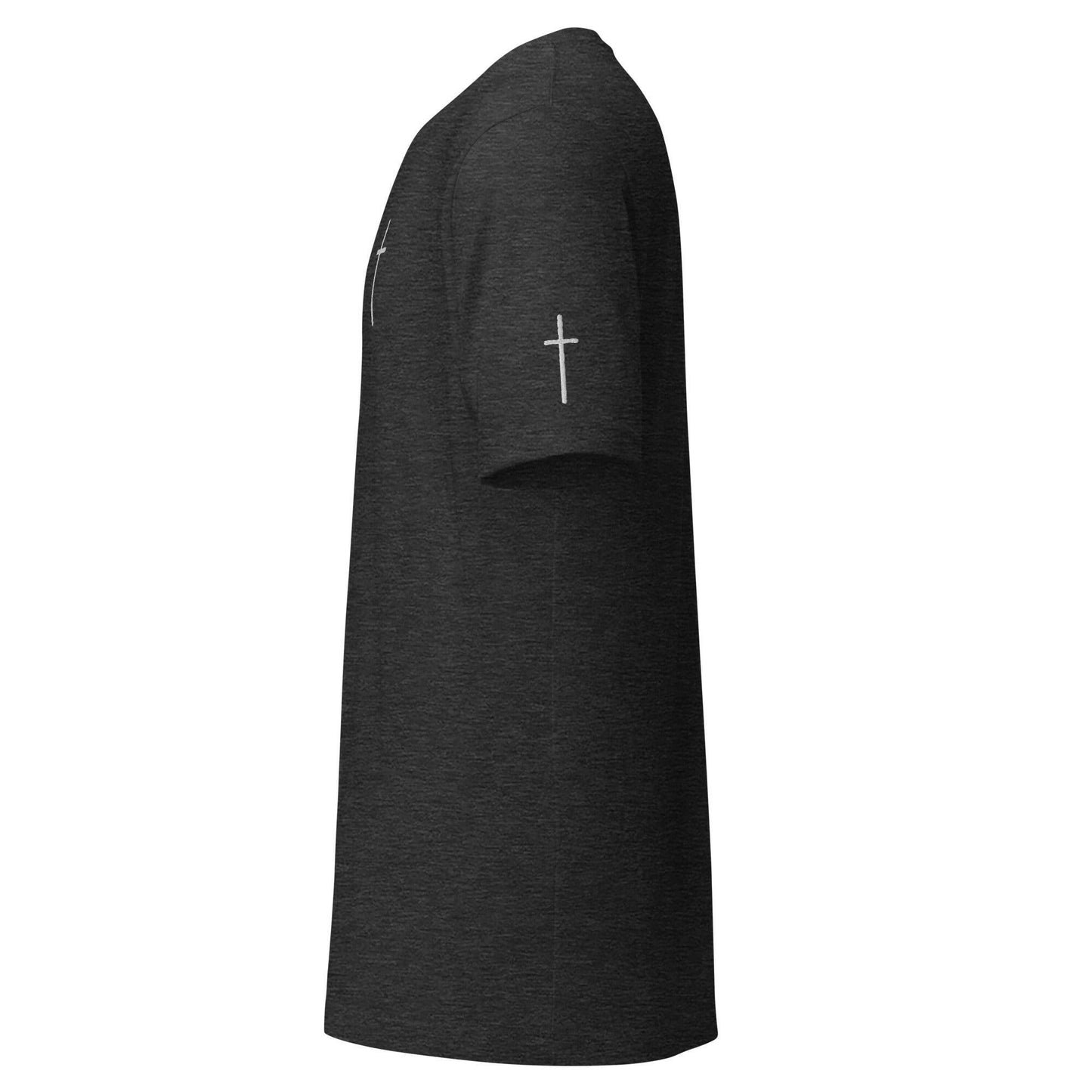 Embroidered Thin Crucifix (Chest & Sleeve) - Unisex T-Shirt.