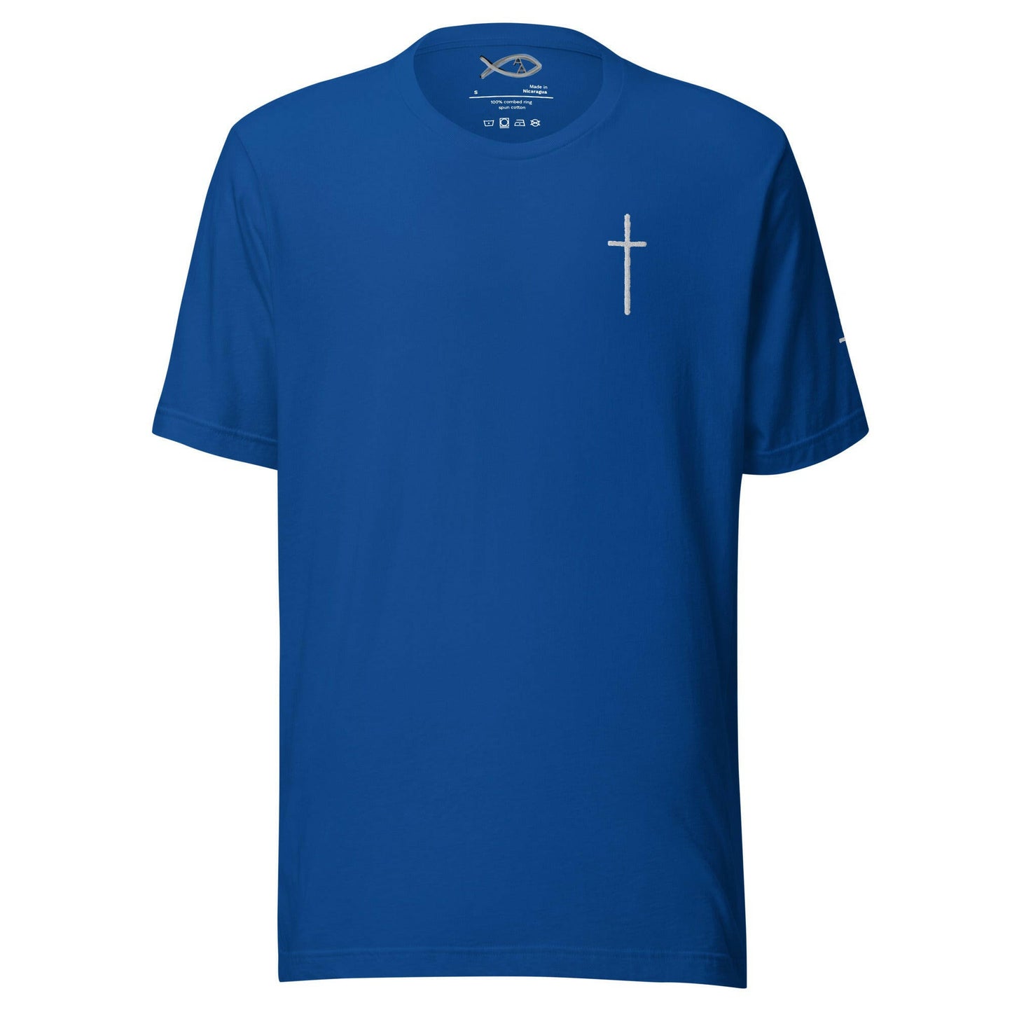 Embroidered Thin Crucifix (Chest & Sleeve) - Unisex T-Shirt.