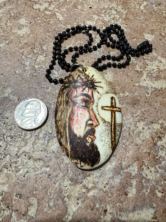 Hand Carved Jesus Face & Single Crucifix Bone Pendant