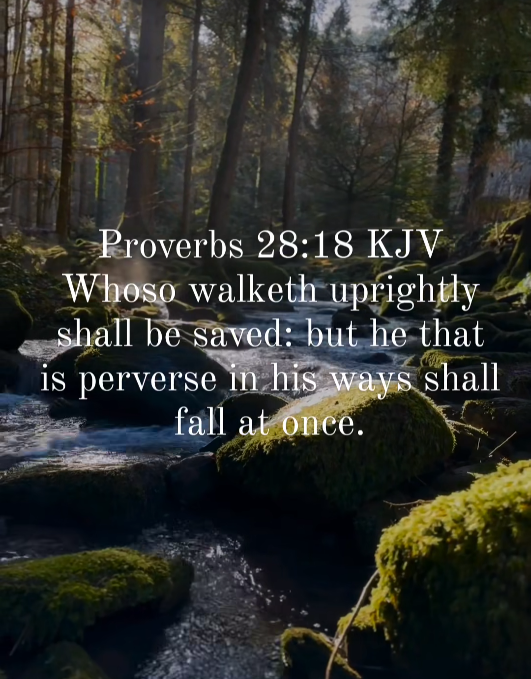 Proverbs 28:18 KJV Whoso walketh uprightly shall be saved: but he that is perverse in his ways shall fall at once.