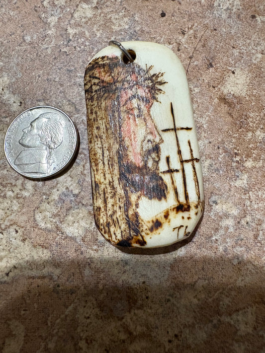 Hand Carved Jesus Face & Three Crucifix Bone Pendant