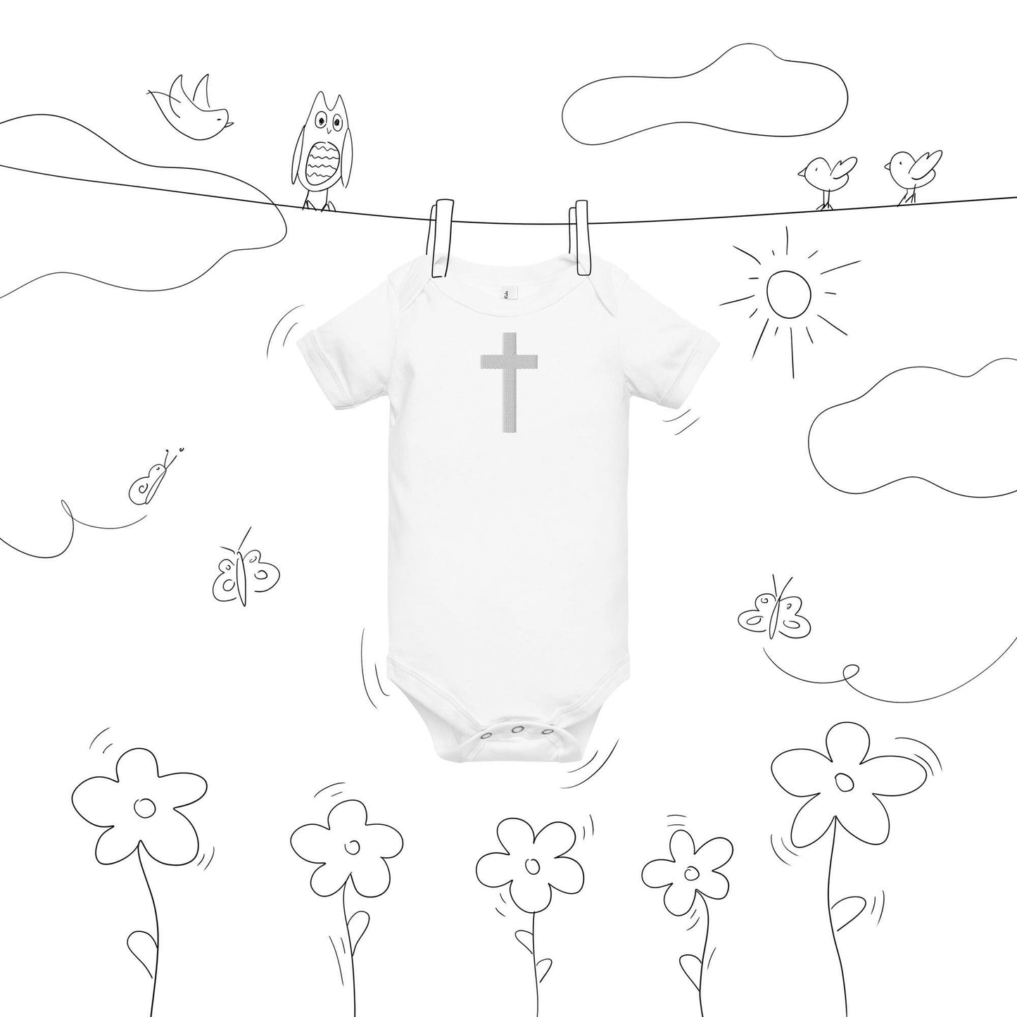 Embroidered Crucifix (WHT) - Baby Short Sleeve One Piece