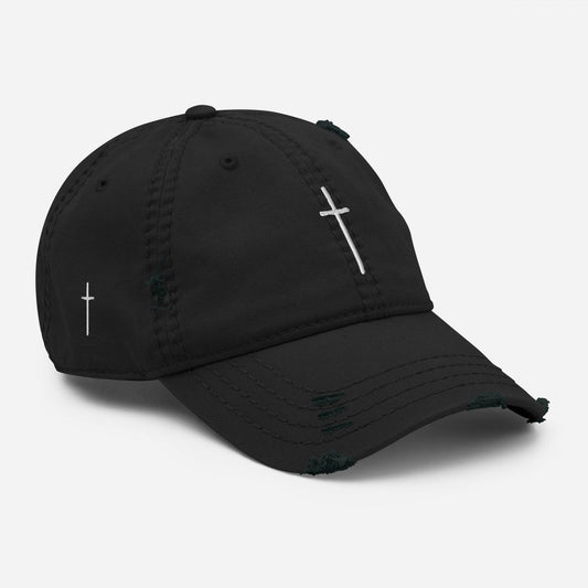 Embroidered Thin Crucifix Distressed Hat.
