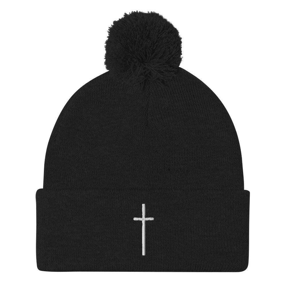 Embroidered Thin Crucifix - Pom-Pom Beanie.