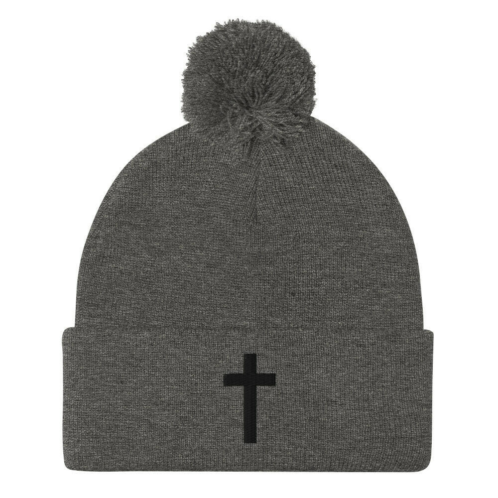 Embroidered Crucifix - Pom-Pom Beanie