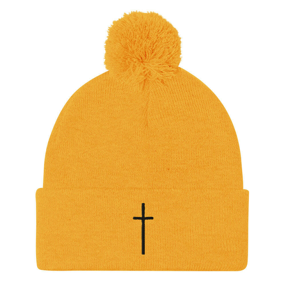 Embroidered Thin Crucifix - Pom-Pom Beanie - Almighty Apparel 