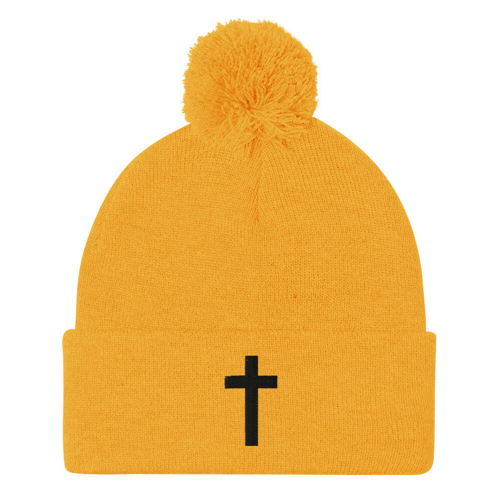 Embroidered Crucifix - Pom-Pom Beanie