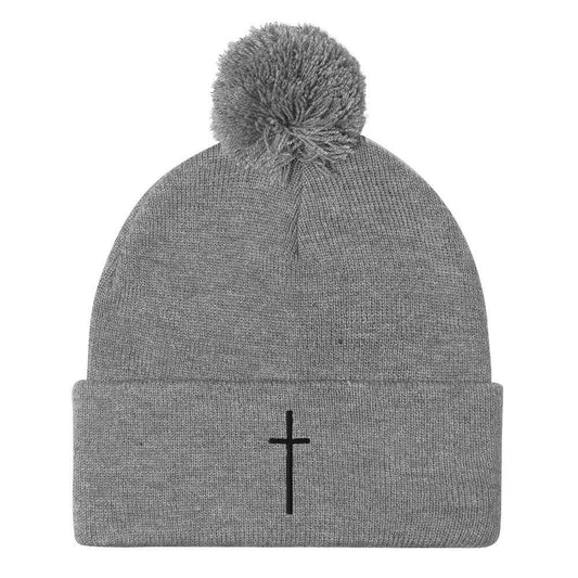 Embroidered Thin Crucifix - Pom-Pom Beanie - Almighty Apparel 