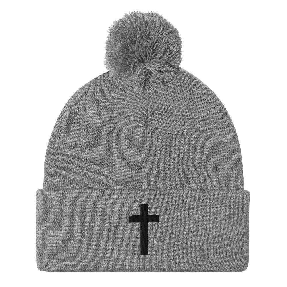 Embroidered Crucifix - Pom-Pom Beanie