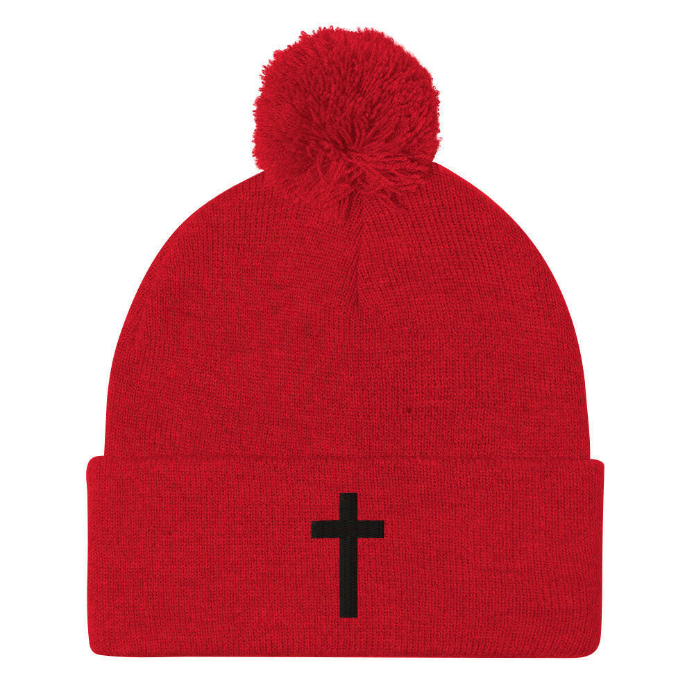 Embroidered Crucifix - Pom-Pom Beanie