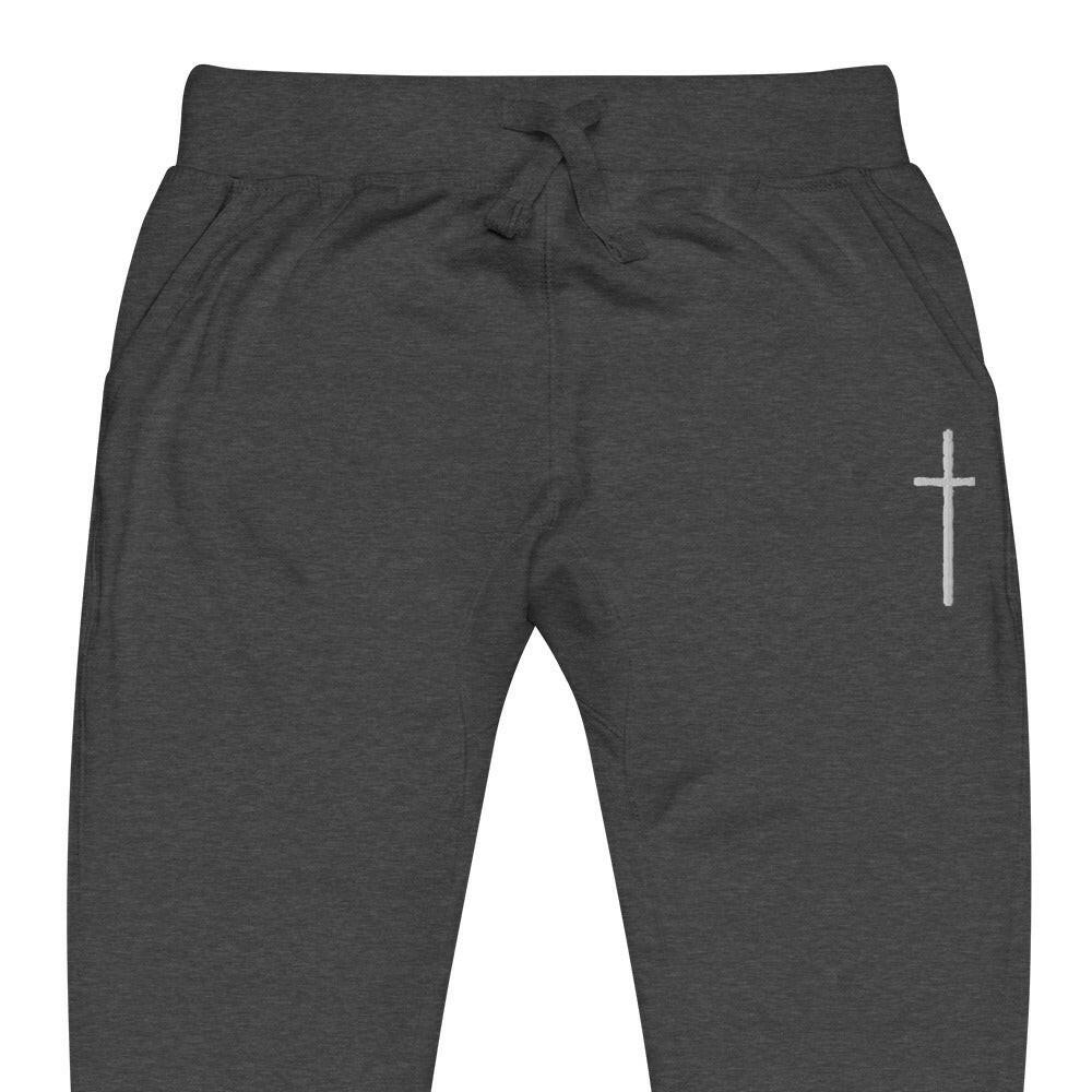 Embroidered Thin Crucifix - Unisex Fleece Sweatpants - Almighty Apparel 
