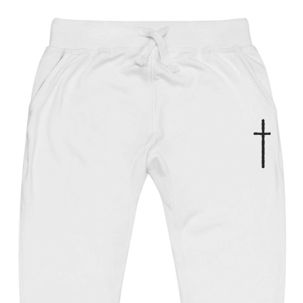 Embroidered Thin Crucifix - Unisex Fleece Sweatpants - Almighty Apparel 