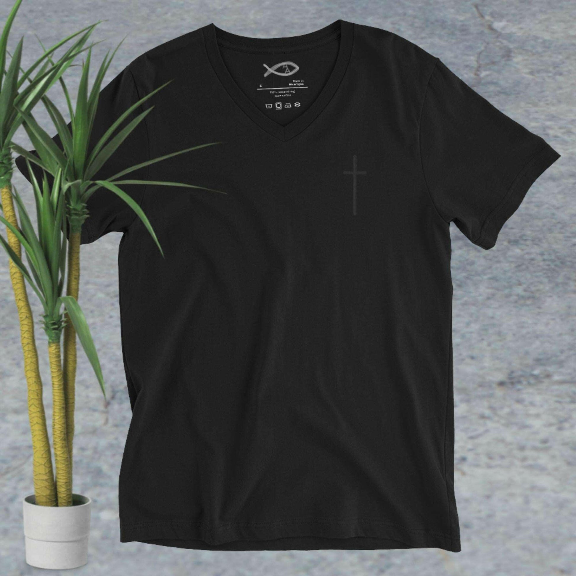 Embroidered Crucifix - Unisex Short Sleeve V-Neck T-Shirt