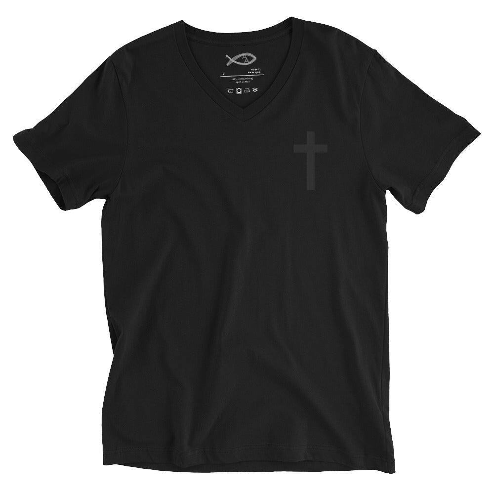 Embroidered Crucifix - Unisex Short Sleeve V-Neck T-Shirt